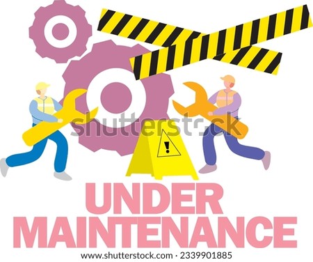 MAN HOLDING WRENCH USING SAFETY HAT AND TEXT UNDER MAINTENANCE VECTOR ILLUSTRATION SIGN