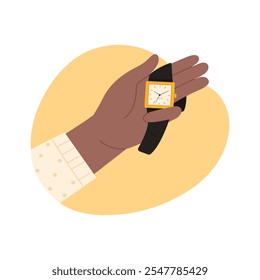 Hombre sosteniendo reloj de pulsera con correa negra y esfera cuadrada en la palma de la mano Ilustración vectorial