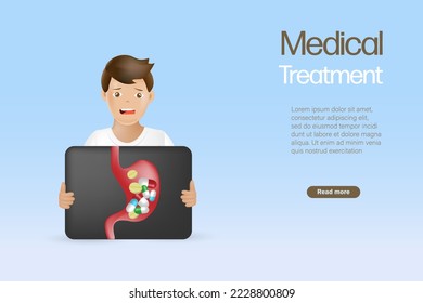 Man holding x ray lung film full of medicine pills in stomach. Medical treatment concept. 3D realistic vector.