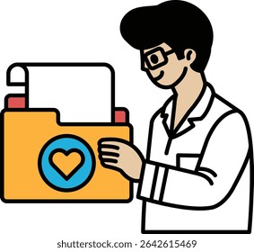 A man is holding a yellow folder with a heart on it. He is smiling and he is happy