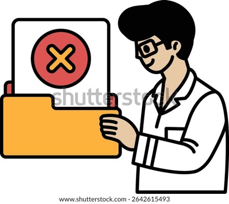 A man is holding a yellow folder with an X on it. He is wearing glasses and a white shirt