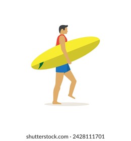 Ein Mann mit gelbem Surfbrett gehen immer kleine Schatten, Strand-Abenteuer-Surfaktivitäten oder Sport-Match-Konzept, bearbeitbares Objekt individuelles Design und Text