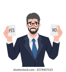 Man holding YES and NO cards, with conflicted facial expression suggesting indecision. Flat vector Character Illustration