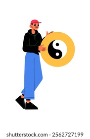 Man Holding Yin Yang Symbol In Flat Vector Illustration Symbolizing Balance, Harmony, And Spirituality, Isolated On White Background