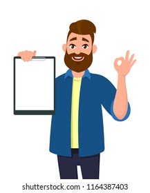 Man holding/showing a blank clipboard and showing okay/OK sign. Vector illustration in cartoon style. 