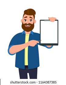 Man holding/showing a blank clipboard. Vector illustration in cartoon style.