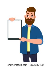 Man holding/showing a blank clipboard. Vector illustration in cartoon style.