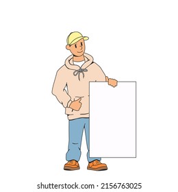 A man holds an advertising banner for text on his side and shows a thumbs up. The concept of advertising or other information. Stock vector illustration of a man with a poster. Isolated background.