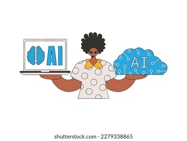 Man holds AI brain, illustrated as vector.