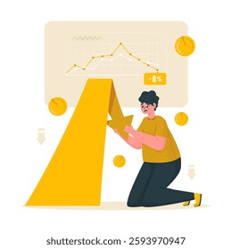 A man holds arrow down, Financial crisis or bankrupt concept, Business investment degression with loses profits, Vector illustration
