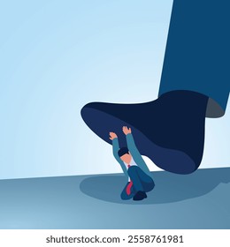 A man holds back a big foot that is stepping on him. Illustration for bullying, violence and seniority.