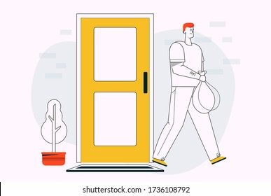 Man holds bag of garbage, leaves door of house, throws out trash after cleaning at home. House cleanup, daily life and routine. Vector character illustration of guy housekeeping, do housework