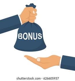 Man holds a bag of money in hand like a bonus. Handing awards concept. Give reward for the job. Vector illustration flat design. Isolated on white background.