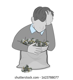 man holds a bag of money. problems from a lot of money. where to put a lot of money. vector illustration.