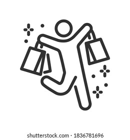 Man holds bags with purchases from the store in his hands and jumps happily, linear icon. Editable stroke