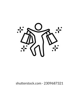 Man holds bags with purchases from the store in his hands and jumps happily, linear icon. Editable stroke