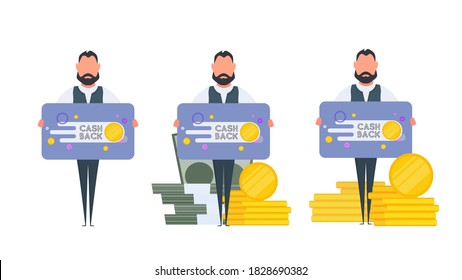 A man holds a banner with the inscription cashback. The guy with the table. The concept of saving money and cashback. Isolated. Vector.