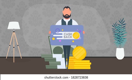 A man holds a banner with the inscription cashback. The guy with the table. The concept of saving money and cashback. Vector.