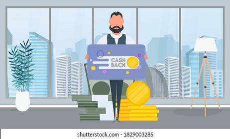 A man holds a banner with the inscription cashback. The guy with the table. The concept of saving money and cashback. Vector.