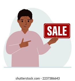 A man holds a banner with the text sale. Points a finger at the text. The concept of a discount, a special offer in a store or a bank, an advertising flyer. Vector flat illustration
