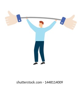 Man holds barbell with likes. EPS file. Flat cartoon character isolated on white background