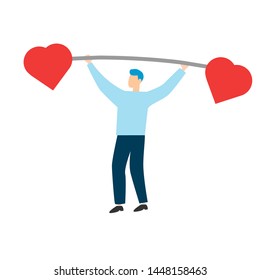 Man holds barbell with likes. EPS file. Flat cartoon character isolated on white background