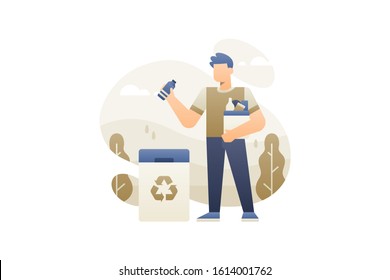 A man holds a basket of plastic bottle waste and throws it in the trash to be recycled. Minimalist living background illustration concept.