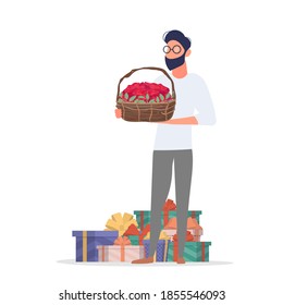 A man holds a basket of roses. Guy with a basket of flowers and gifts. The design on the theme for lovers, March 8 and birthday will do. Vector.