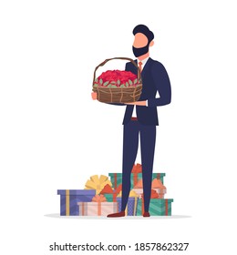 A man holds a basket of roses. Guy with a basket of flowers and gifts. The design on the theme for lovers, March 8 and birthday will do. Vector.