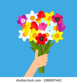 A man holds a beautiful bouquet of flowers in his hand. vector illustration isolated on a blue background. flower delivery concept