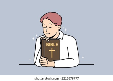 Man holds Bible, prays to God, feels grace. Guy keeps holy book, reads prayers with eyes closed. Young Christian asks for help from higher powers, saints in solving his problems. Vector illustration.