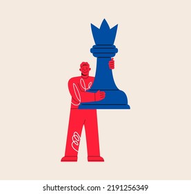 Man holds big chess figure. smart decisions making concept. Colorful vector illustration