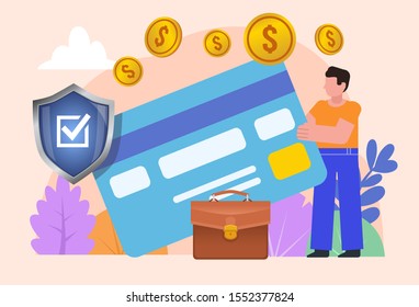 Man holds big credit card. Safe, secure payment with credit card. Poster for social media, web page, banner, presentation. Flat design vector illustration