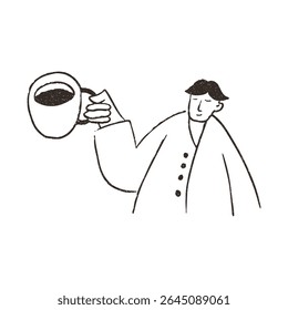 Man holds big cup of coffee, hand drawn doodle, vector illustration isolated on white background. Outline sketch style with grunge vintage texture. Cafe and restaurant concept.