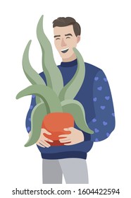Man holds a big flower. A gift for a girl. Vector illustration with white background.