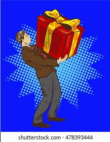 Man holds big gift box. Vector illustration in retro comic pop art style. A guy with christmas or birthday gift.