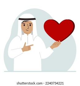 A man holds a big red heart in his hand. The concept of volunteering, romantic relationship or love. Vector flat illustration.