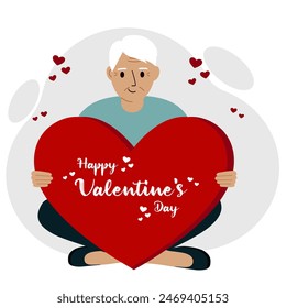 A man holds a big red heart with congratulations on Valentine's Day. Vector flat illustration