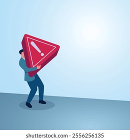 A man holds up a big red warning sign. Illustration for warning, caution and alert.