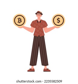 Ein Mann hält ein Bitcoin und einen Dollar in Form von Münzen in seinen Händen. Charakter mit modernem Stil.