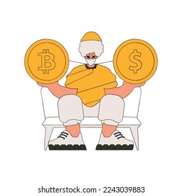A man holds a bitcoin and a dollar in his hands. Character trendy style.