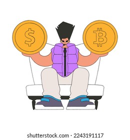 A man holds a bitcoin and a dollar in his hands. Character Trendy retro style.