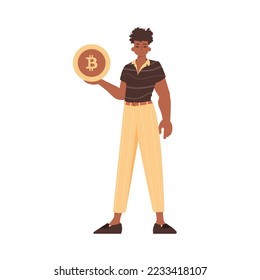 A man holds a bitcoin in his hands. Character in trendy style.