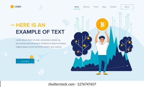 Man holds bitcoin. Website template on white background. Home page layout. Vector illustration concepts for web and app development