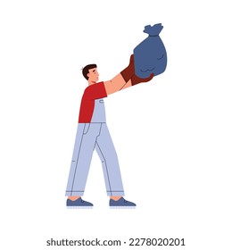 Man holds black bag of garbage, flat vector illustration isolated on white background. Character throwing out garbage. Working in uniform taking out trash bag.