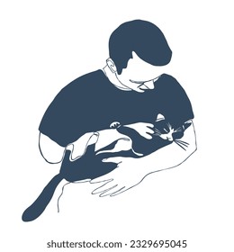 A man holds a black cat in his arms. Drawing with one continuous line. Vector illustration