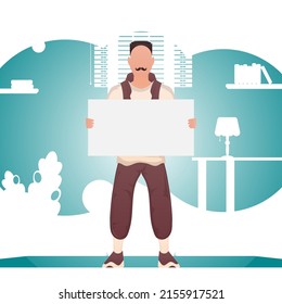 A man holds a blank sheet in his hands. Place for your advertisement. Cartoon style. Vector illustration