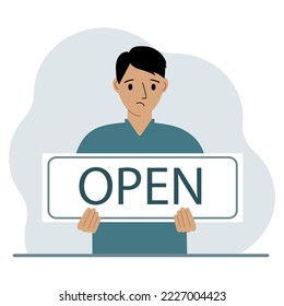 A man holds a board with the text OPEN in his hands. Advertising poster. Vector flat illustration