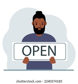 Un hombre sostiene un tablero con el texto ABIERTO en sus manos. Afiche publicitario. Ilustración plana del vector