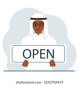 A man holds a board with the text OPEN in his hands. Advertising poster.